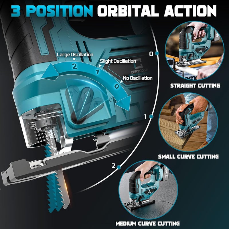 Cerycose Jigsaw Compatible With Makita 18V Battery, Cordless jig saw tool, 0°- 45° Bevel Cuts, LED Light with 3 Position Orbital Setting for Cutting (With 5Ah Battery & Charger Station Kit) - Image 5